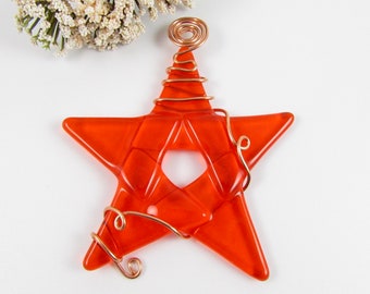 Orange Glass Star Suncatcher Ornament - Fused Glass Star - Orange Glass Star Christmas Ornament - Wire Wrapped Star Suncatcher - Orange Star