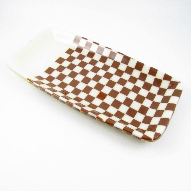 Brown and Cream Checkered Fused Glass Dish