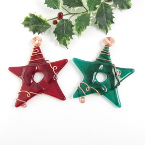 Red and Green Glass Star Ornament Two Fused Glass Star Christmas Tree Ornaments Two Handmade Fused Glass Christmas Star Ornaments image 1