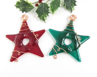 Red and Green Glass Star Ornament - Two Fused Glass Star Christmas Tree Ornaments - Two Handmade Fused Glass Christmas Star Ornaments