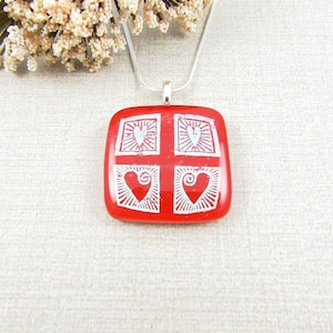 Red Glass Heart Pendant – Fused Glass Necklace with Silver Hearts – Handmade Dichroic Jewelry – Gift for Her  Free US Shipping Heart Jewelry