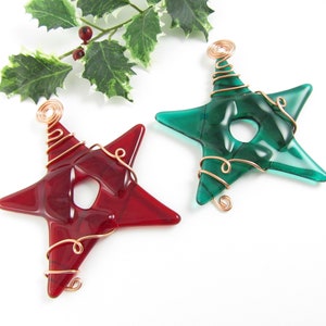 Red and Green Glass Star Ornament Two Fused Glass Star Christmas Tree Ornaments Two Handmade Fused Glass Christmas Star Ornaments image 2