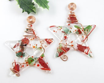 Two Christmas Stars - Handmade Red and Green Glass Star Ornaments - Wire wrapped Stars - Fused Glass Christmas Ornament - Holidy Decoration