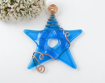 Turquoise Blue Glass Star, Handmade Fused Glass Star Christmas Ornament, Fused Glass Star Suncatcher, Handmade Wire Wrapped Star Blue Star