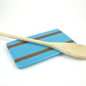 Blue and Brown Glass Spoon Rest - Fused Glass Striped Spoon Rest - Turquoise Blue and Brown Striped Butter Dish - Fused Glass Butter Dish