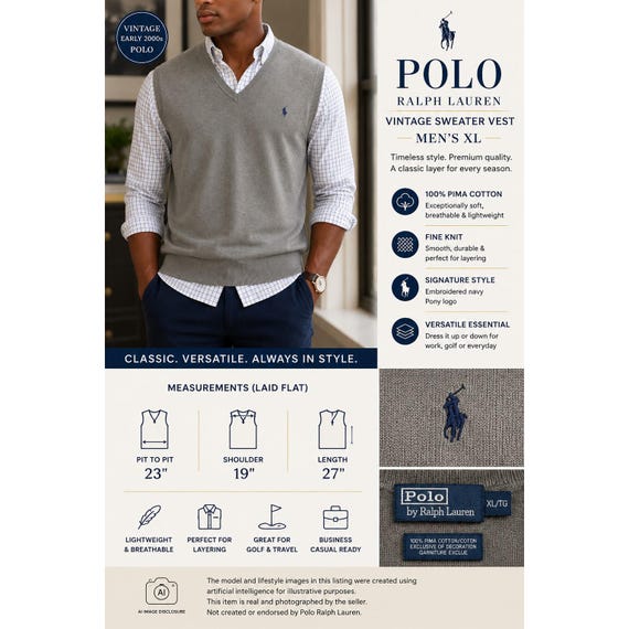 Polo Ralph Lauren Sweater Vest-Men's XL-Gray Pima… - image 7