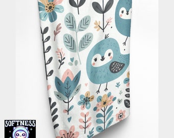 Scandi Bird Fleece Blanket: Nordic Cottagecore Velveteen Throw