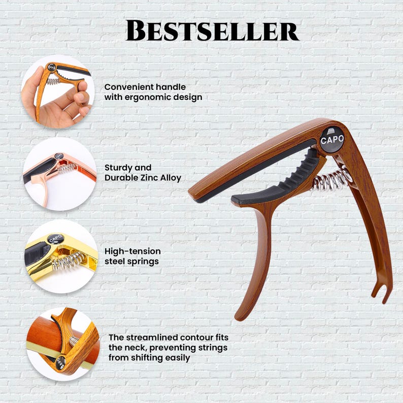 May include: A brown wooden guitar capo with a black rubber grip and a spring mechanism. The capo has the word "CAPO" printed on it in white letters. The capo is shown against a white brick wall with text describing its features.