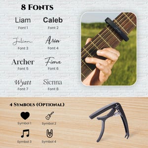 May include: A black guitar capo with a silver spring and the word "CRPO" printed on it. The capo is on a wooden surface. There are eight different fonts displayed on a white brick wall background. The fonts are Liam, Caleb, Julian, Aria, Archer, Fiona, Wyatt, and Sienna. There are four symbols displayed on the wall: a heart, a guitar, a musical note, and a rock and roll hand symbol.