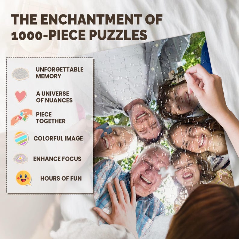 May include: A 1000-piece puzzle featuring a family portrait, with the text "THE ENCHANTMENT OF 1000-PIECE PUZZLES." The puzzle is partially assembled, showing a colorful image of smiling faces. The image also includes text about memory, nuances, and focus.