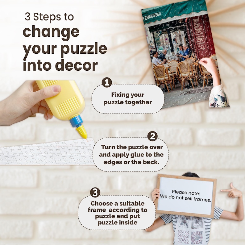 May include: An image showing three steps to turn a puzzle into decor. The steps include fixing the puzzle, applying glue, and framing it. The image also includes the text "Please note: We do not sell frames."