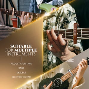 May include: A gold-coloured capo with the text "SUITABLE FOR MULTIPLE INSTRUMENTS" and a list of instruments including acoustic guitars, bass, ukulele, and electric guitar.