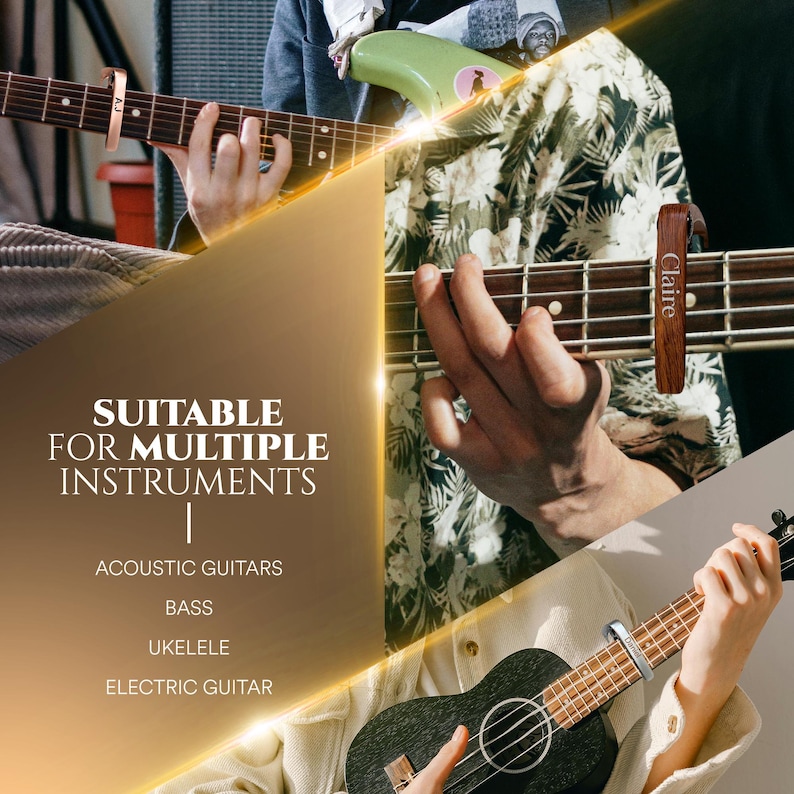 May include: A gold-coloured capo with the text "SUITABLE FOR MULTIPLE INSTRUMENTS" and a list of instruments including acoustic guitars, bass, ukulele, and electric guitar.