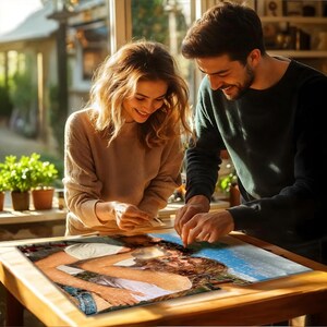 May include: A couple working together to assemble a jigsaw puzzle. The puzzle features a photograph of a couple. The people are smiling and focused on the puzzle. The scene is set in a well-lit room with a window in the background.