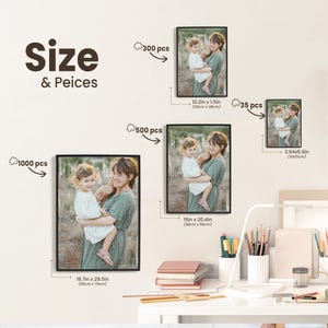 May include: A display of framed photo puzzles in various sizes, including 19.7 x 29.5 inches (50cm x 75cm), 15 x 20.4 inches (38cm x 52cm), 10.2 x 1.5 inches (26cm x 38cm), and 3.94 x 5.9 inches (10cm x 15cm). Each puzzle features a photo of a woman holding a child. The number of pieces varies.