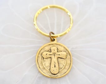 Gold Cross Key Chain, Spiritual Accessory, by Mystic Pieces