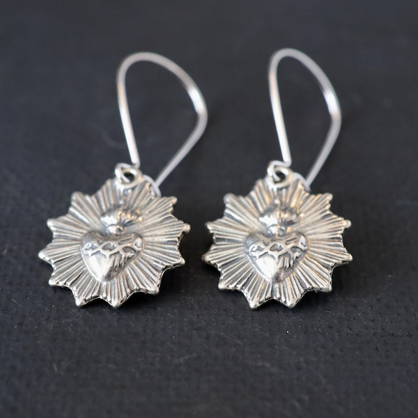 Sacred Heart Earrings, Spiritual Religious Sterling Dangles, by Mystic Pieces