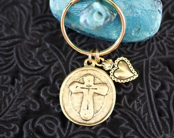 Cross Gold Keychain, Sacred Heart Accessory, Religious Gifts, Catholic Accessories, Cross Gifts, Gifts for Mom