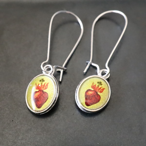 Sacred Heart Earrings, Dainty Dangle, Catholic Earrings, Frida Earrings, Heart Earrings, Sacred Heart Jewelry, Religious Gift