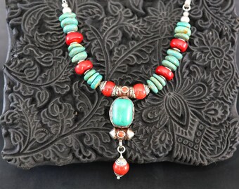 Turquoise Coral Statement Necklace, One of a Kind, Stone Necklaces, Jewelry Gifts, Statement Jewelry, Turquoise Gift