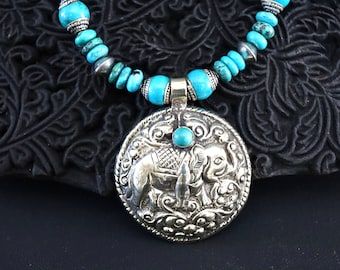 Elephant Statement Necklace with Kingman Turquoise, Gifts for Jewelry Lover, Unique Jewelry, Women Gifts