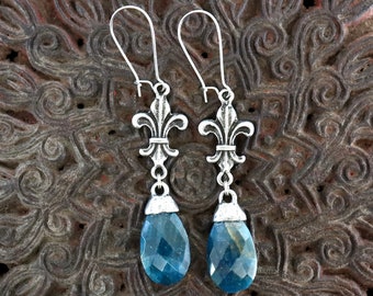 Fleur de Lis Apatite Earrings, French Jewelry, Earring Gifts, Gifts for Girlfriend, Mardi Gras Earrings, Stone Earrings