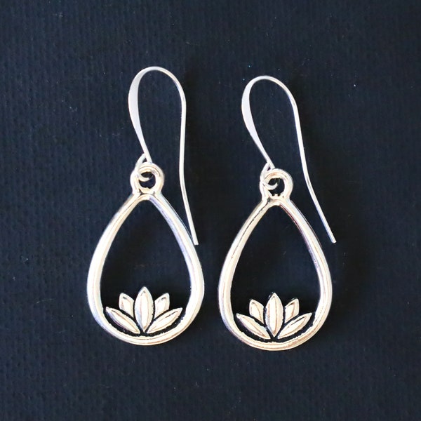 Lotus Dangle Silver Earrings, Botanical Earrings, Zen Earrings, Zen Gifts, Floral Earrings, Yoga Earrings, Silver Earrings, Lotus Gifts