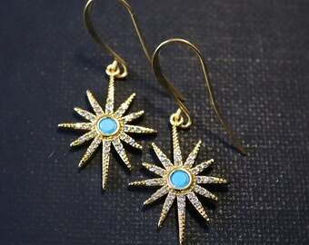 Gold Star CZ Earrings, Gold Dangle, Celestial Earrings, Starburst Earrings, Star Gifts, Star Jewelry, Gifts for Her, Earrings Gifts