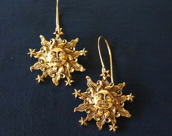 Sun Star Earrings, Gold Earrings, Celestial Earrings, Gifts for Her, Celestial Jewelry, Gold Dangle, Sun Star Jewelry, Celestial Gifts