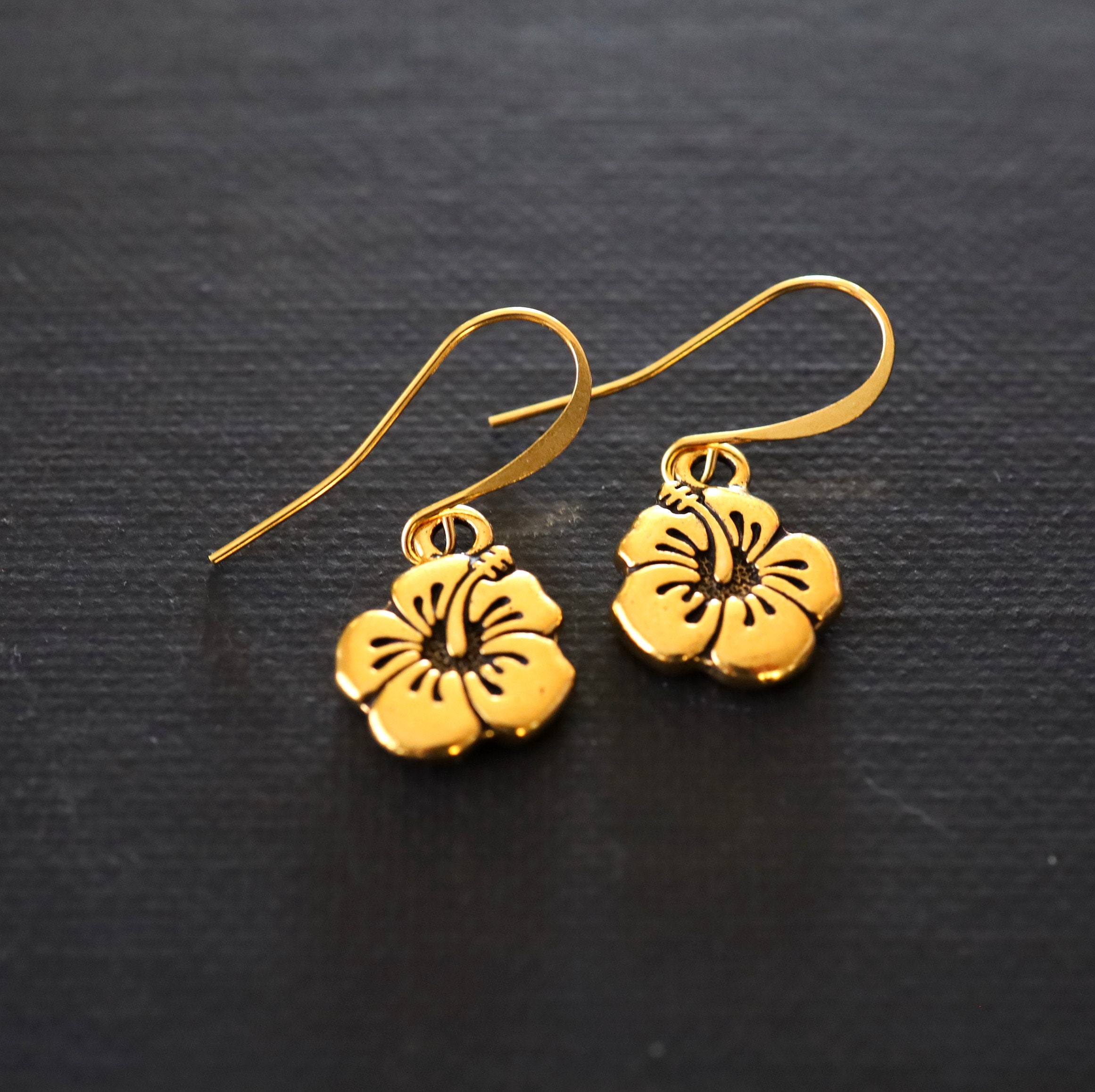 Gold Hibiscus Earrings Flower Earrings Gold Earrings Gold
