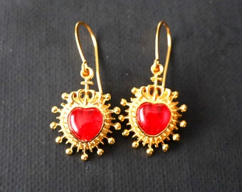Sacred Heart Earrings, Religious Earrings, Catholic Earrings, Frida Earrings, Heart Earrings, Sacred Heart Jewelry, Gold Earrings