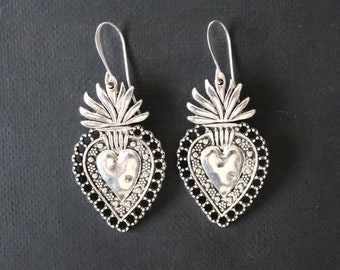 Sacred Heart Earrings, Silver Earrings, Catholic Earrings, Frida Earrings, Heart Earrings, Religious Earrings, Sacred Heart Jewelry