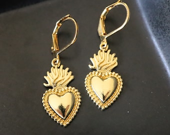 Sacred Heart Earrings, Gold Earrings, Catholic Earrings, Frida Earrings, Heart Earrings, Religious Earrings, Sacred Heart Jewelry