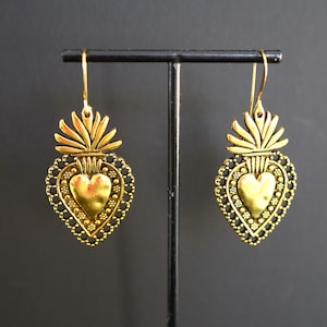 Sacred Heart Earrings, Gold Dangle, Catholic Earrings, Frida Earrings, Sacred Heart Jewelry, Gifts for Her
