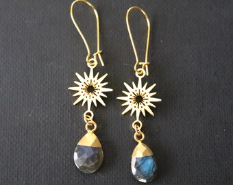 Gold Star Earrings, Labradorite Earrings, Natural Stone Earrings, Stone Jewelry, Labradorite Jewelry, Gifts for Her, Women Earrings