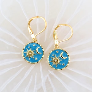 Moon Sun Gold Earrings, Earring Gifts, Celestial Jewelry, Gifts for Her, Celestial Gifts, Blue Earrings, Jewelry Lover Gifts image 1