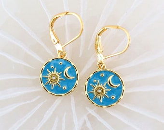 Moon Sun Gold Earrings, Earring Gifts, Celestial Jewelry, Gifts for Her, Celestial Gifts, Blue Earrings, Jewelry Lover Gifts