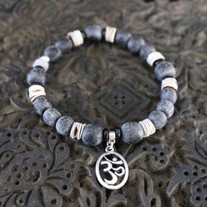 Om Silver Bracelet, Dark Grey Bone with Shell, Zen Bracelets, Gifts for Guys, Spiritual Bracelet, Men Jewelry, Om Accessories