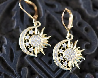 Sun Moon Stars Gold Earrings, Celestial Dangle, Earring Gift, Celestial Gifts, Gifts for Her, Sun Dangle