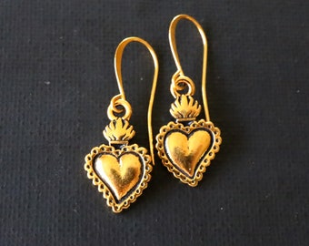 Sacred Heart Earrings, Catholic Earrings, Frida Earrings, Heart Earrings, Religious Earrings, Sacred Heart Jewelry, Gold Earrings