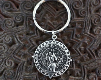 St Christopher Silver Keychain, Protection Gift, Catholic Key Chain, Catholic Gifts, St Christopher Gifts, New Car Gifts