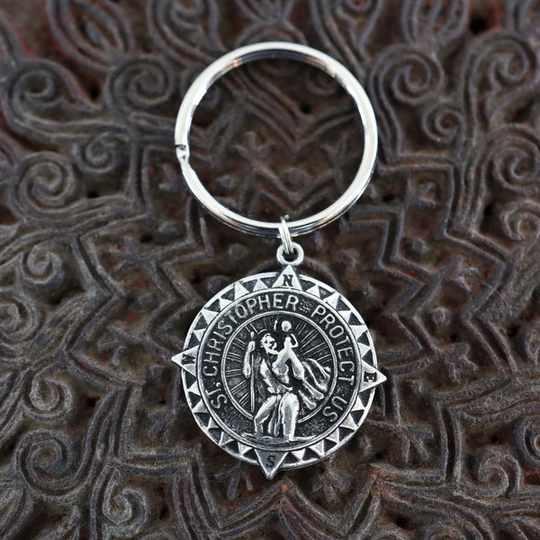 St Christopher Silver Keychain, Protection Gift, Catholic Key Chain, Catholic Gifts, St Christopher Gifts, New Car Gifts