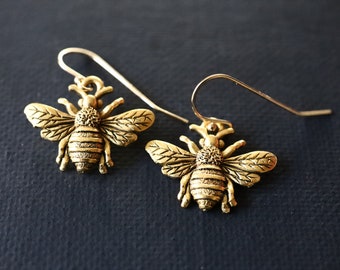Gold Bee Earrings, Insect Jewelry, Gold Earrings, Bee Dangle, Nature Earrings, Bee Gifts, Gifts for Her, Bee Jewelry, Insect Earrings