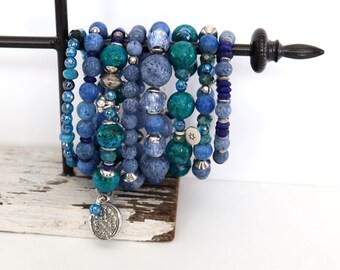 Blue Stackable Bracelets, Denim Jewelry, Bracelet Gifts, Arm Candy, Gift for Wife, Gift Jewelry Lover, Stretch Bracelets