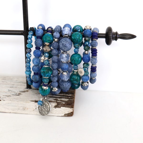 Blue Stackable Bracelets, Denim Jewelry, Bracelet Gifts, Arm Candy, Gift for Wife, Gift Jewelry Lover, Stretch Bracelets