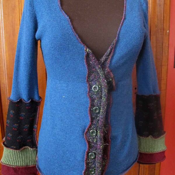 Reconstructed Button-front Cardigan Sweater - Eco Friendly Style - Size Medium