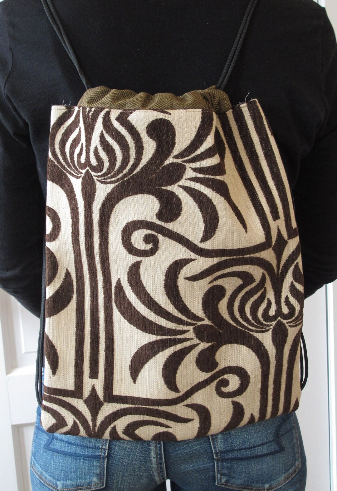 Cinch Sack Backpack Drawstring Bag Upcycled Materials Brown Geometric ...