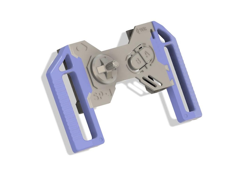 May include: A gray and light purple gaming controller with the text "SP-1" and "QWIK" printed on it. The controller has a directional pad, A and B buttons, and two handles.