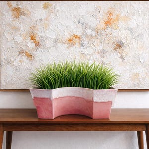 May include: A decorative, pink and white ceramic planter filled with green grass sits on a wooden table. The planter has a unique, curved design. An abstract painting with a brown frame hangs on the wall behind the table.