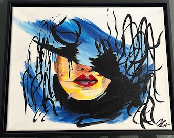 Pittura astratta per il viso, blu, nero, crema, acrilico (28 x 35,5 cm)